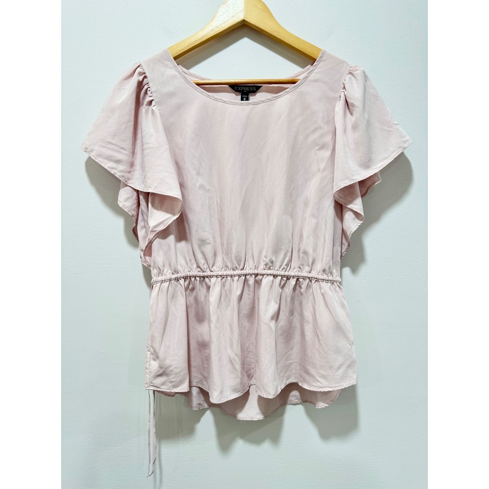 Express Womens Blush Pink Flutter Sleeve Cinched Waist Peplum Blouse Size M